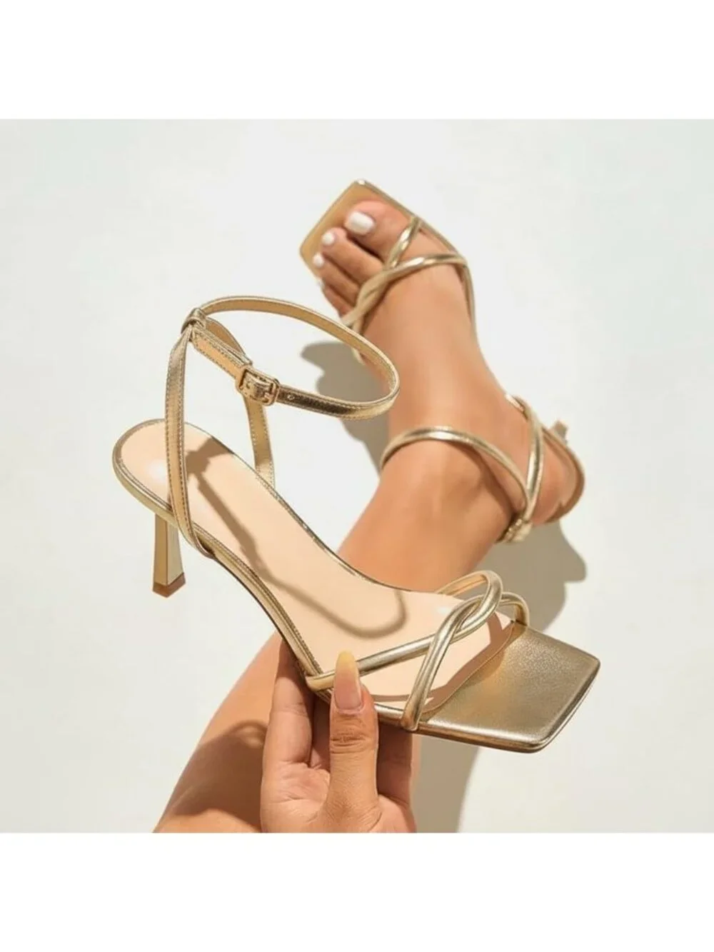 Women's Gold Elegant Square Open Toe Strappy Comfortable Kitten Heels Sandals